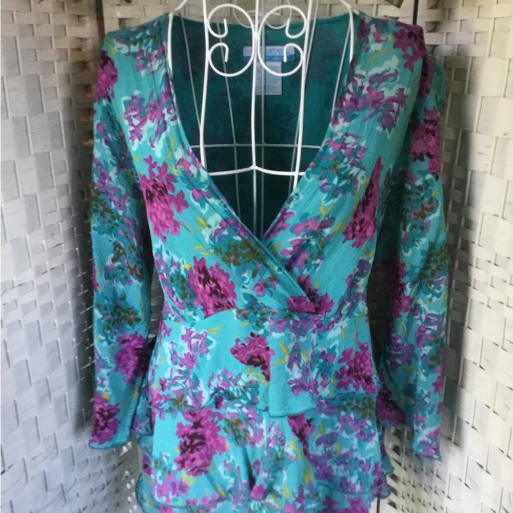 Announcements Blue and Purple Floral Ruffled Tiered Maternity Top Ruffle… - Picture 12 of 14